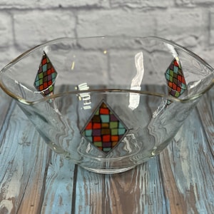 Vintage MCM glass punch or chip bowl with hand painted colourful stained glass design