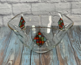 Vintage MCM glass punch or chip bowl with hand painted colourful stained glass design