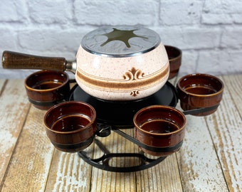 Rare vintage mid century lazy Susan fondue pot with six ceramic bowls