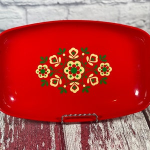 Vibrant red plastic 1960s plastic serving tray with flower pattern  by Emsa of West Germany