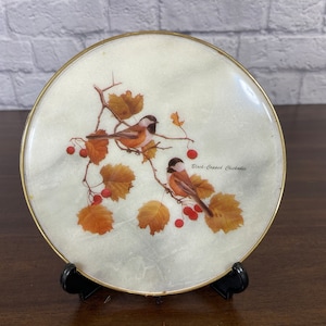 Vintage marble plate wall decor with chickadees on a branch 8.5&quot;