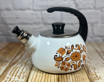 Vintage 1970s enamelware whistling kettle with great retro brown flower pattern