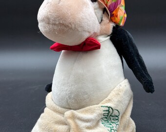 Vintage 1985 Dakin Opus penguin plush toy with shower cap and Holiday Hotel towel