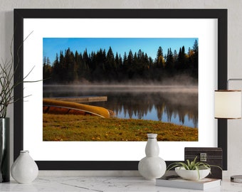 Original photographic print of canoe on a misty lake taken at Rain Lake in Algonquin Park  (unframed, assorted sizes)