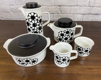 Vintage Johnson Brothers coffee and tea set with serving bowl, black daisies on white design with black lids