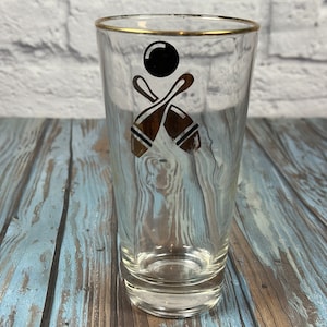 Vintage retro bowling ball and pins drinking glass with gold rim