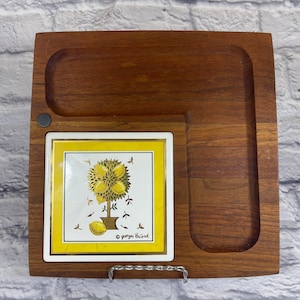 Vintage Georges Briard Teak Cheese Platter: 1960s Lemon Tree Tile