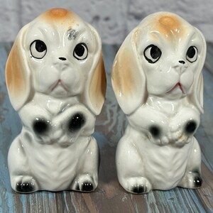 Vintage Japanese mid century hand painted puppy dog salt and pepper shaker set