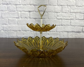 Vintage amber pinwheel glass two-tiered serving tray or dish