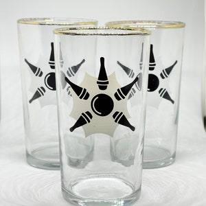 Set of three vintage retro bowling ball and pins drinking glasses set