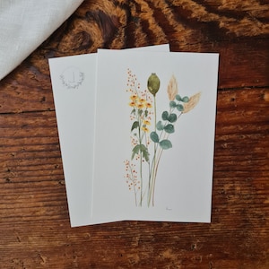 Postkarte Eukalyptus Färber Saflor Pampasgras Strauch A6 Aquarelle Wildblumen Illustration handgemalte Aquarelle