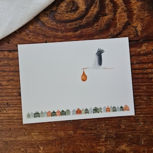 Postkarte zur Geburt A6 Postkarte Storch Giebelhäuser Grußkarte Glückwunschkarte