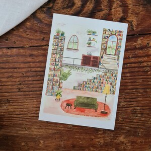 Hausbibliothek A6 Postkarte Bücher Gutschein Geschenk Karte Grußkarte Aquarellgemalte Karte