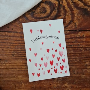 Aquarellherzen Postkarte A6 Lieblingsmensch Karte für Freunde Freundschaft Familie Lieblinge Herzen Grußkarte Herzen Lettering
