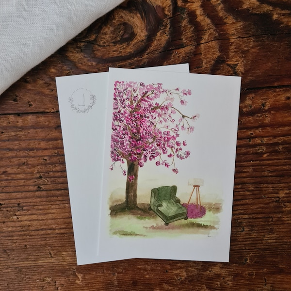 Gemütliches Sofa unter einem Kirschbaum A6 Karte Natur Floral Gemütlichkeit Frühling