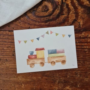 Postkarte Holzwagen Wimpelkette A6 Karte für werdende Eltern Wünsche zur Geburt Geburtstag