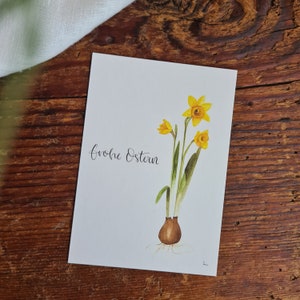 Narzisse "Frohe Ostern" Postkarte A6 florale Aquarelle handgemalt Grußkarte Frühlingszwiebel Ostern Osterkarte Aquarell Postkarten