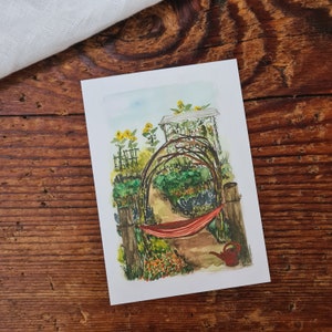 Gemüsegarten Postkarte A6 Hängematte GemüsefreundInnen Grußkarte Ernte Anbau