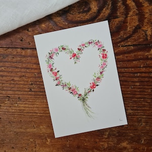Postkarte Rosenherz A6 Kranz Grußkarte Aquarellgemalte Postkarte