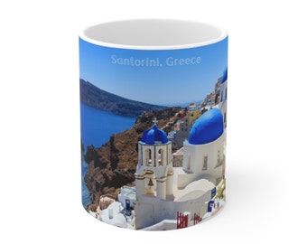 Santorini, Griechenland, griechische Inseln, ikonisches malerisches Ziel auf weißer Keramiktasse 11oz