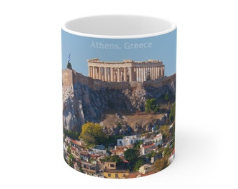 Athen, Griechenland, Akropolis, malerischer Rundumschlag auf weißer Keramiktasse 11oz