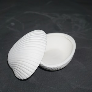 May include: A white, seashell-shaped trinket box with a lid. The box is open, revealing the interior. The exterior has a textured, ridged design. The box is made of a smooth, matte material.