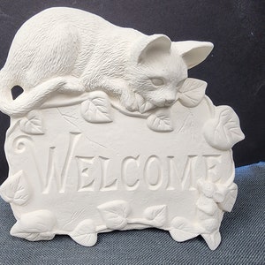 Unpainted Ceramic Bisque, Cat Welcome Sign