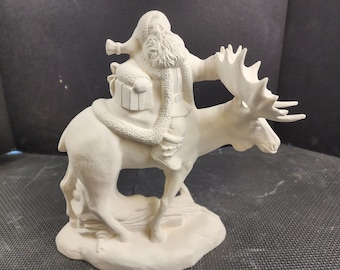 Unpainted Ceramic Bisque, Santa on Moose, Ready to Paint, 10.5"tall/10.5"wide