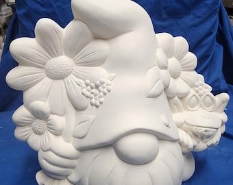 Unpainted Ceramic Bisque, Hogar Gnome with Flowers