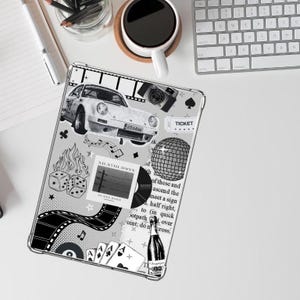 May include: A black and white collage design featuring a vintage car, a disco ball, a film reel, playing cards, a champagne bottle, and a record. The design also includes text that reads "XII-XVIILMMXX" and "TICKET".