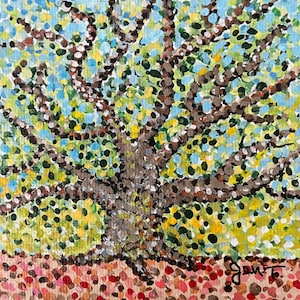 4x4 acrylic, pointillism painting titled, &quot;Mini Octopus Tree,&quot; with choice of easel color