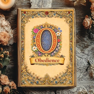 May include: A vintage book with a decorative cover featuring a large floral "O" and the word "Obedience" on a banner. The cover has an ornate gold and floral border with a cream-colored background.
