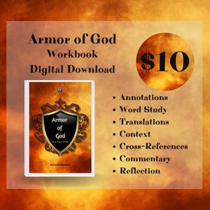 May include: A digital download workbook titled "Armor of God: Daily Scripture Writing" by Regina Horne Beard. The workbook includes annotations, word study, translations, context, cross-references, commentary, and reflection. The price is £10.