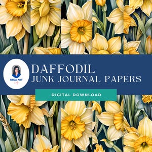 Op de afbeelding: Digitale download van 10 printbare papieren met een aquarel-illustratie van narcissen. De papieren zijn perfect voor junk journaling, scrapbooking, kaart maken en andere papier ambachten.