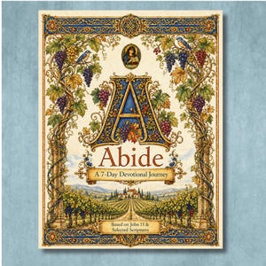 Può includere: Una copertina di libro rettangolare con una grande lettera A ornata, la parola Abide e il testo A 7-Day Devotional Journey. Il design include illustrazioni di viti, grappoli d'uva viola, uccelli blu e un paesaggio di vigneti.