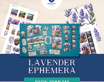 May include: Digital download of lavender themed ephemera, including images of lavender fields, lavender flowers, and lavender-themed frames. The images are in a variety of sizes and styles, and are perfect for scrapbooking, card making, and other crafting projects.