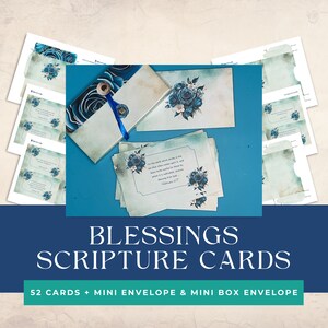May include: A set of 52 blue and white scripture cards with a floral design. The cards come with a mini envelope and a mini box envelope. The text on the card reads "For the earth which drinketh in the rain that cometh often upon it, and bringeth forth herbs meet for them by whom it is dressed, receiveth blessing from God." -  James 5:18