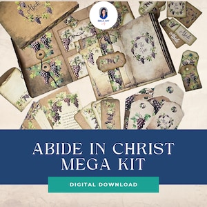 Puede incluir: Un kit de descarga digital para scrapbooking y manualidades con temática de vid. El kit incluye una variedad de elementos imprimibles, como etiquetas, tarjetas y papeles, con imágenes de uvas, vides y el texto "Abide in Christ".