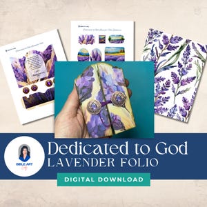 May include: Digital download of a lavender folio with a purple and yellow floral design. The folio is decorated with a purple and gold button and a ribbon. The text "Dedicated to God Lavender Folio" is displayed on the image.