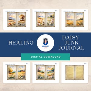 Puede incluir: Una descarga digital de un "Daisy Junk Journal" con ilustraciones de acuarela de paisajes y margaritas. Las páginas del diario tienen una estética vintage, con la palabra "Healing" y "Digital Download" mostradas.