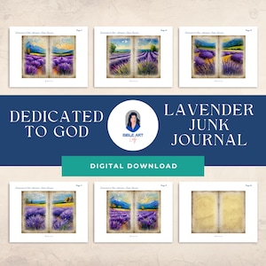 以下が含まれることがあります： ラベンダー畑の水彩画イラストが特徴の「Lavender Junk Journal」のデジタルダウンロード。ジャーナルには「Dedicated to God」と「Digital Download」の文字が含まれています。表紙は穏やかな風景を描いています。
