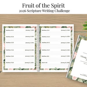 May include: A spiral-bound notebook open to lined pages with dates and scripture references, alongside a closed notebook with floral design. The text "Fruit of the Spirit 2026 Scripture Writing Challenge" is at the top. A pen and plant are also visible.
