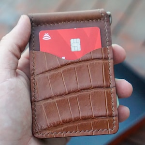 Cartera con clip de dinero de cocodrilo, billetera con clip de dinero de cuero real, billetera minimalista, billetera de bolsillo frontal, clip de dinero, regalo para papá, regalo para hijo,