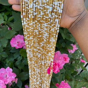 Ghana waist beads/ women waist beads/ African waist beads/ waist beads/ tie on waist beads/ up 50 inches long. Royal white and gold