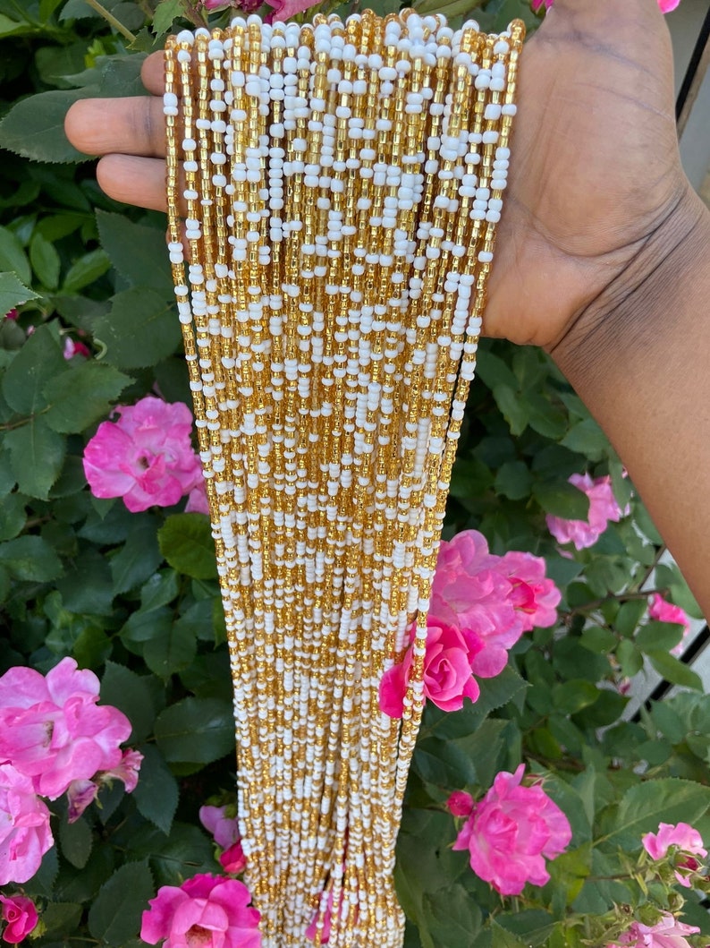 Ghana waist beads/ women waist beads/ African waist beads/ waist beads/ tie on waist beads/ up 50 inches long. Royal white and gold