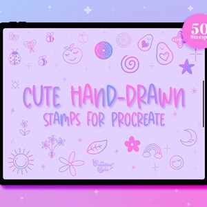 50 Super Cute Stamp Brushes for Procreate | smileys, sun and moon, hearts, flowers, doodles, stars | Procreate Brushes