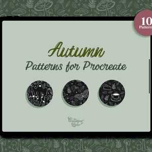 May include: A digital tablet screen displaying a set of 10 autumn-themed patterns for Procreate. The patterns feature black and white illustrations of ghosts, moths, and coffee cups on a dark background. The text "Autumn Patterns for Procreate" is displayed on the screen.