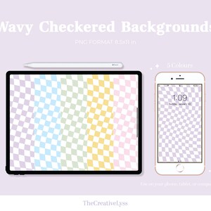 May include: Five wavy checkered backgrounds in different pastel colors, including purple, blue, green, yellow, and pink. The backgrounds are shown on a tablet and a phone screen. The text "Wavy Checkered Backgrounds" and "5 Colours" is displayed above the images. The text "PNG FORMAT 8.5x11 in" is displayed below the images. The text "Use on your phone, tablet, or computer!" is displayed below the phone image.