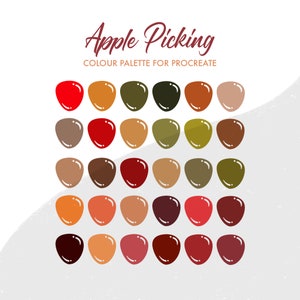May include: A digital color palette for Procreate featuring 36 colors inspired by apple picking. The colors range from deep reds and browns to light oranges and greens.