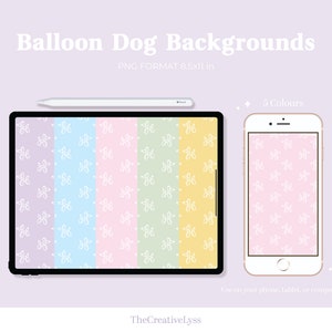 Peut inclure: Cinq fonds d'écran numériques pour téléphone avec un motif répétitif de contours de chiens en ballon blancs sur des fonds de couleurs différentes : lavande, bleu clair, rose, vert clair et jaune. Les fonds d'écran sont affichés sur une tablette et un smartphone.